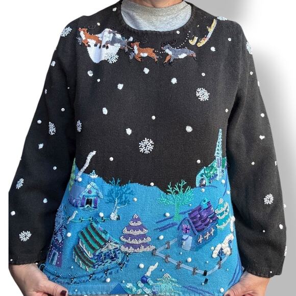 Vintage Michael Simon Event XL Holiday Village Sweater Black Blue Bead  Applique - Picture 10 of 13